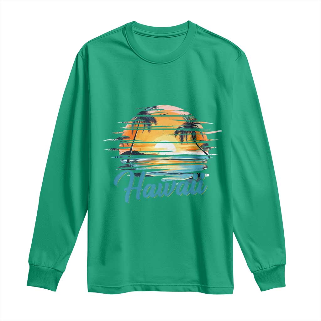 Retro Sunset Palm Tree Hawaii Long Sleeve Shirt Tropical Vacation Graphic