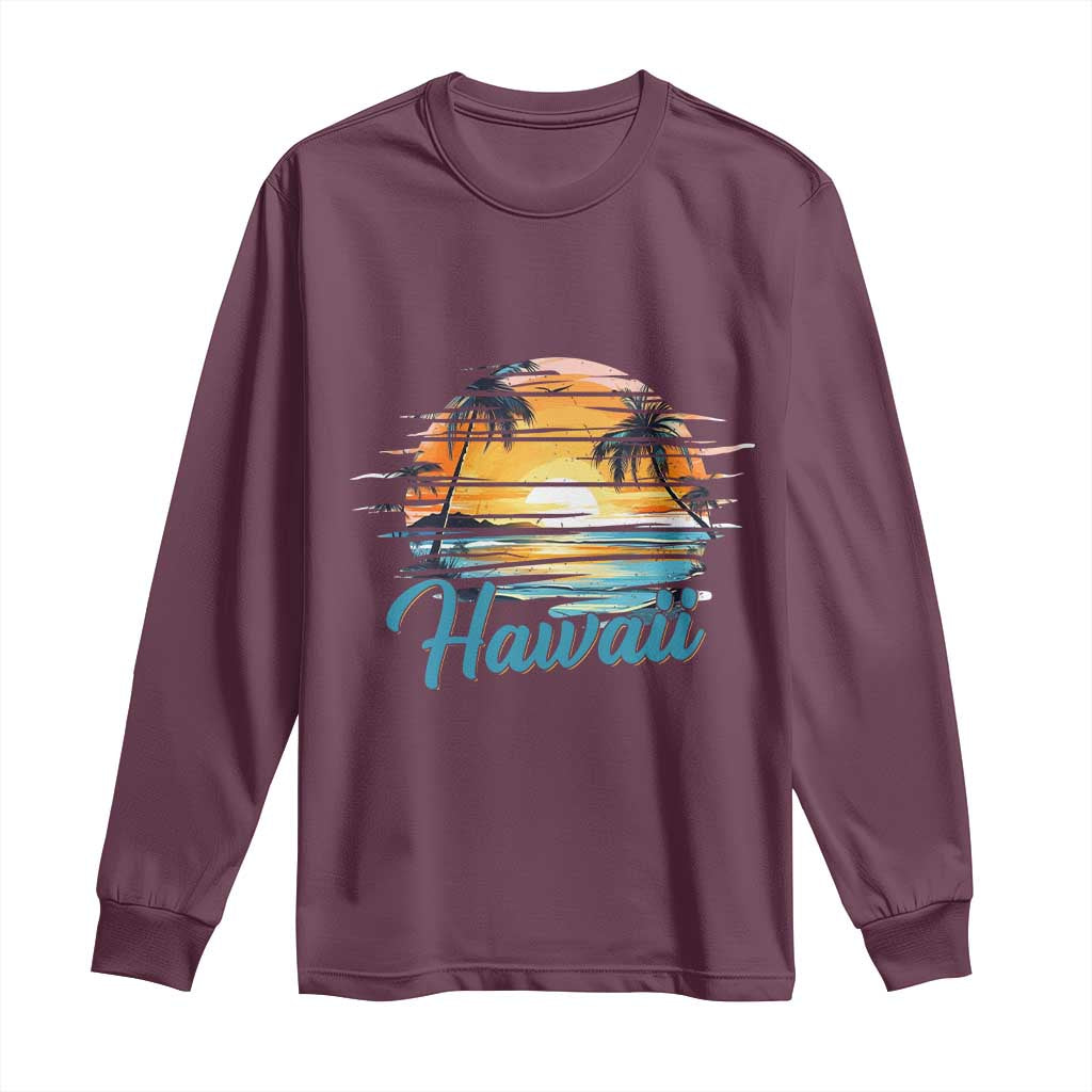 Retro Sunset Palm Tree Hawaii Long Sleeve Shirt Tropical Vacation Graphic