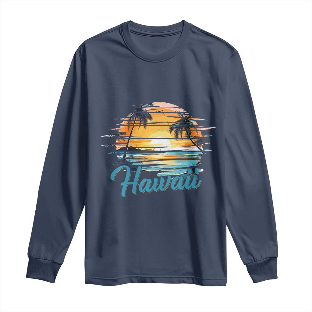 Retro Sunset Palm Tree Hawaii Long Sleeve Shirt Tropical Vacation Graphic