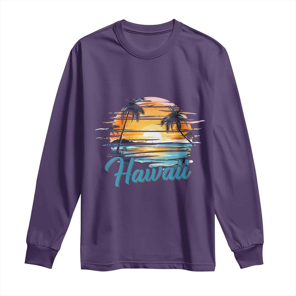 Retro Sunset Palm Tree Hawaii Long Sleeve Shirt Tropical Vacation Graphic