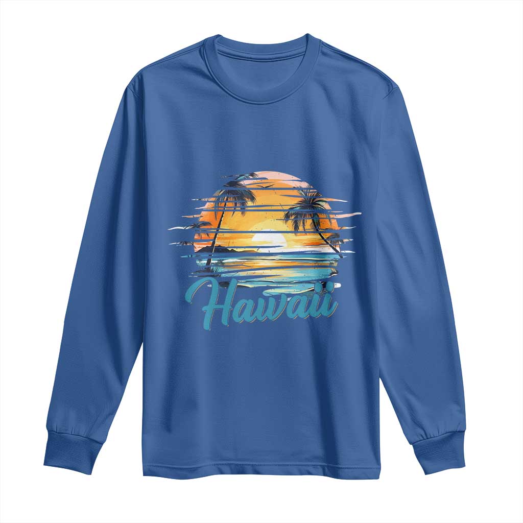 Retro Sunset Palm Tree Hawaii Long Sleeve Shirt Tropical Vacation Graphic