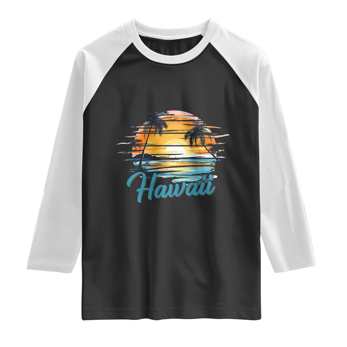 Retro Sunset Palm Tree Hawaii Raglan Shirt Tropical Vacation Graphic