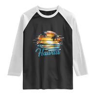 Retro Sunset Palm Tree Hawaii Raglan Shirt Tropical Vacation Graphic