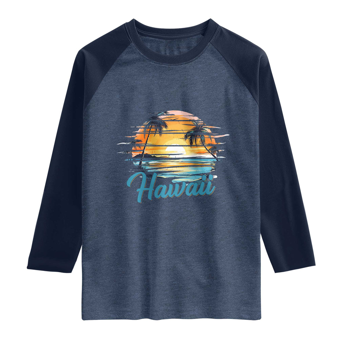 Retro Sunset Palm Tree Hawaii Raglan Shirt Tropical Vacation Graphic