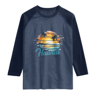 Retro Sunset Palm Tree Hawaii Raglan Shirt Tropical Vacation Graphic