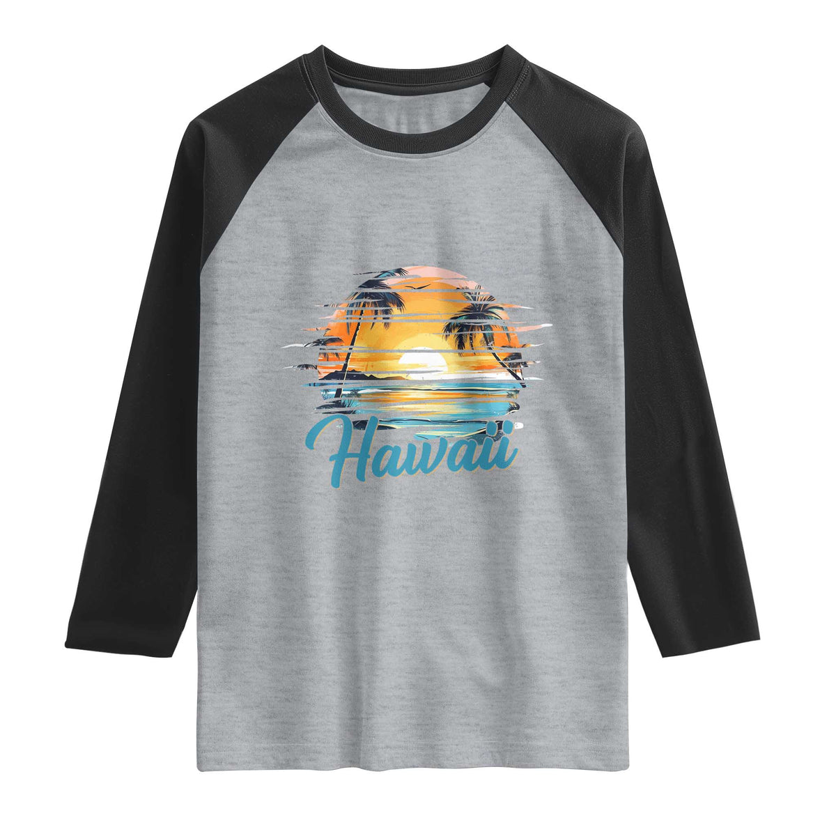 Retro Sunset Palm Tree Hawaii Raglan Shirt Tropical Vacation Graphic
