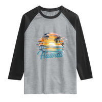 Retro Sunset Palm Tree Hawaii Raglan Shirt Tropical Vacation Graphic