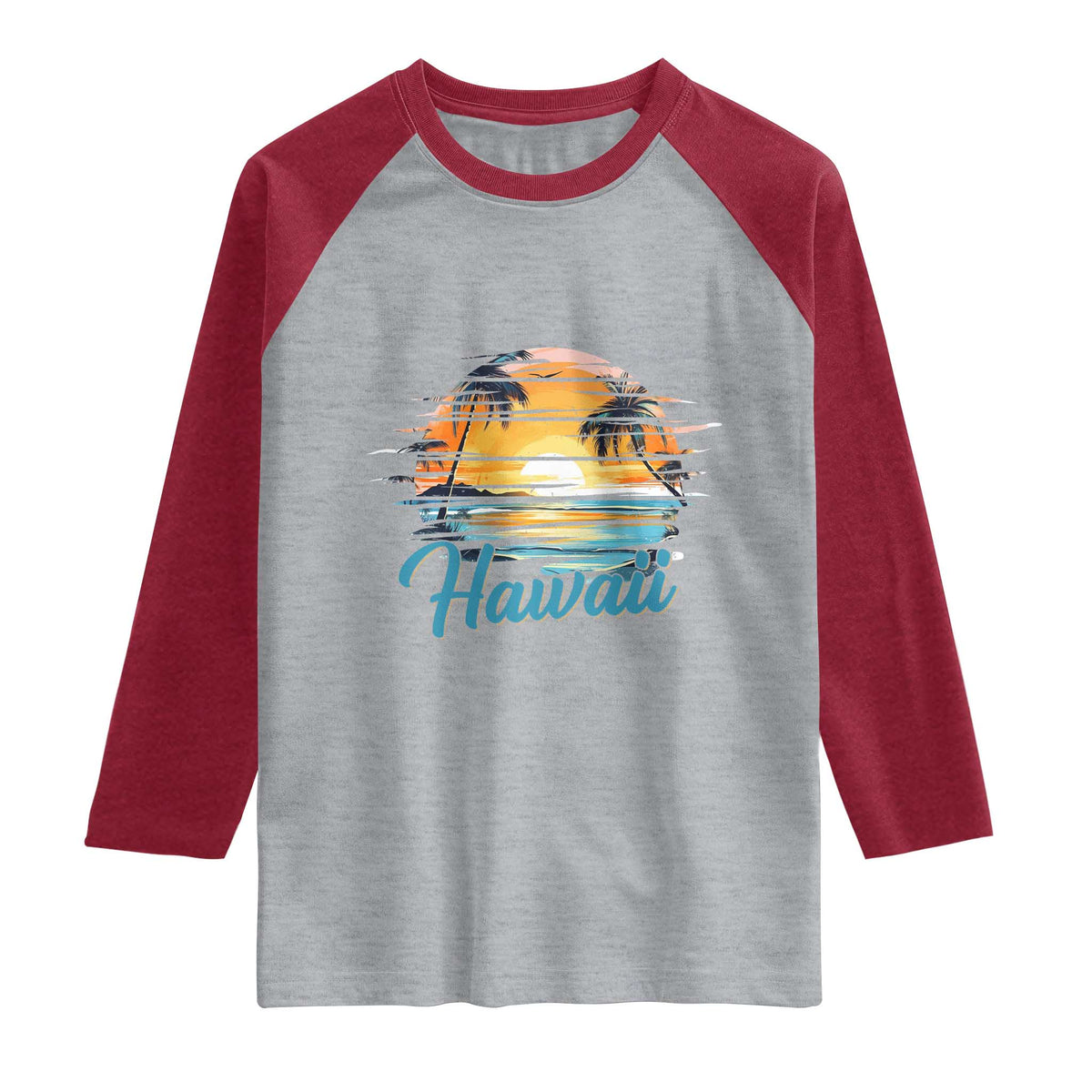 Retro Sunset Palm Tree Hawaii Raglan Shirt Tropical Vacation Graphic