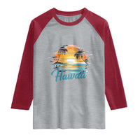 Retro Sunset Palm Tree Hawaii Raglan Shirt Tropical Vacation Graphic