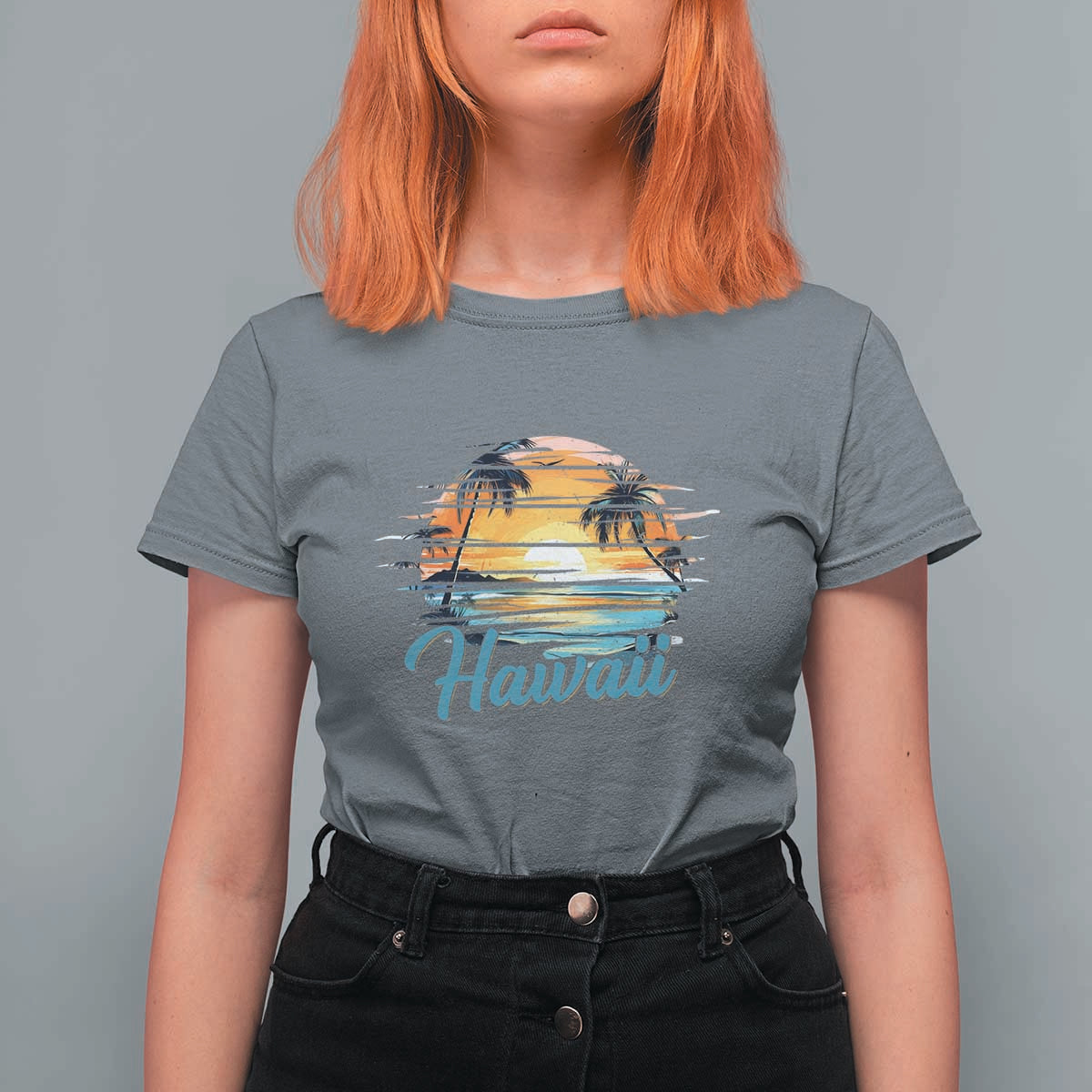 Retro Sunset Palm Tree Hawaii T Shirt For Women Tropical Vacation Graphic