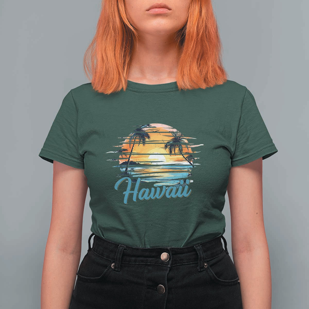 Retro Sunset Palm Tree Hawaii T Shirt For Women Tropical Vacation Graphic