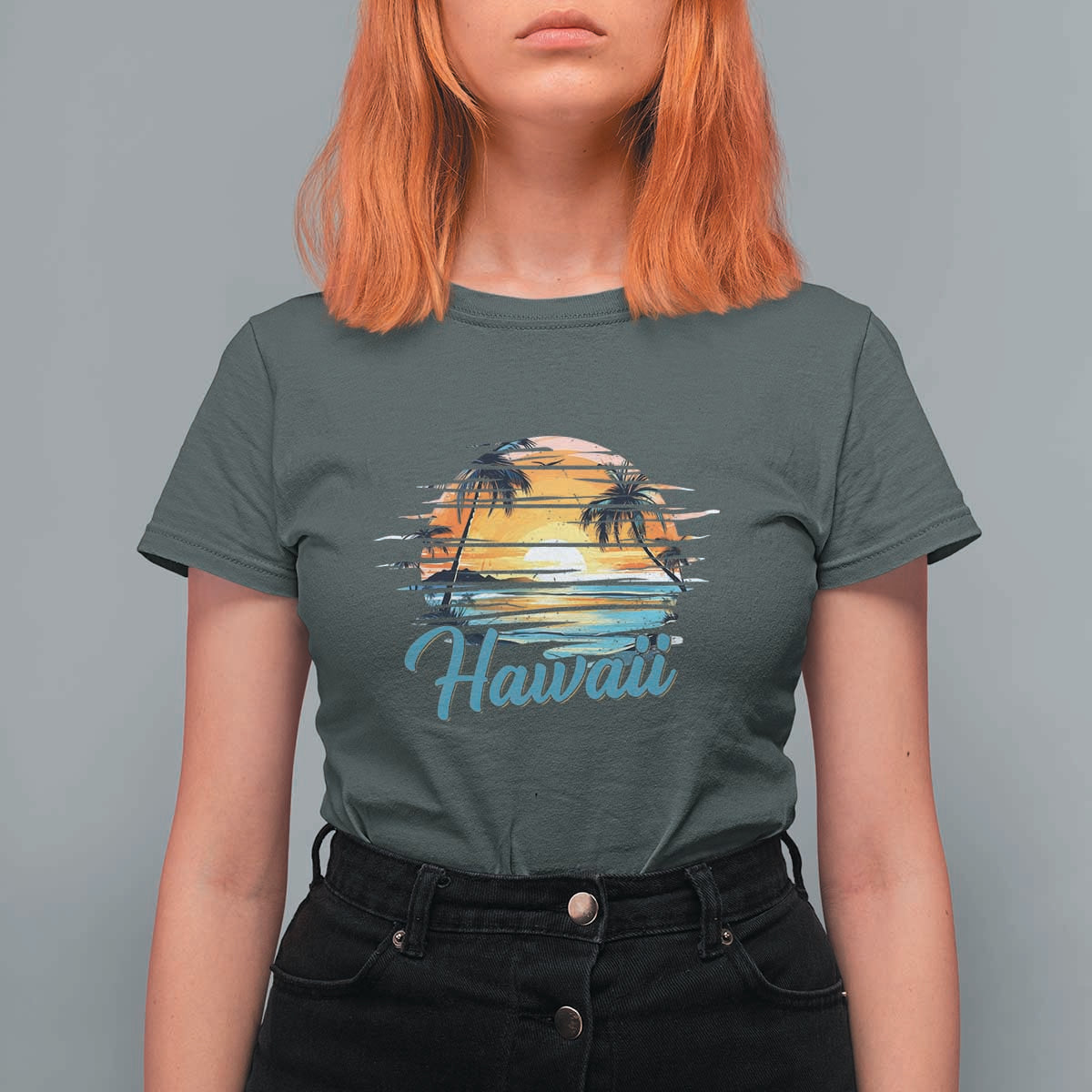 Retro Sunset Palm Tree Hawaii T Shirt For Women Tropical Vacation Graphic