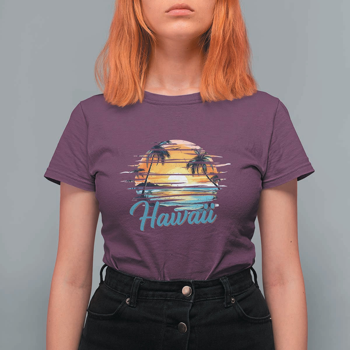Retro Sunset Palm Tree Hawaii T Shirt For Women Tropical Vacation Graphic