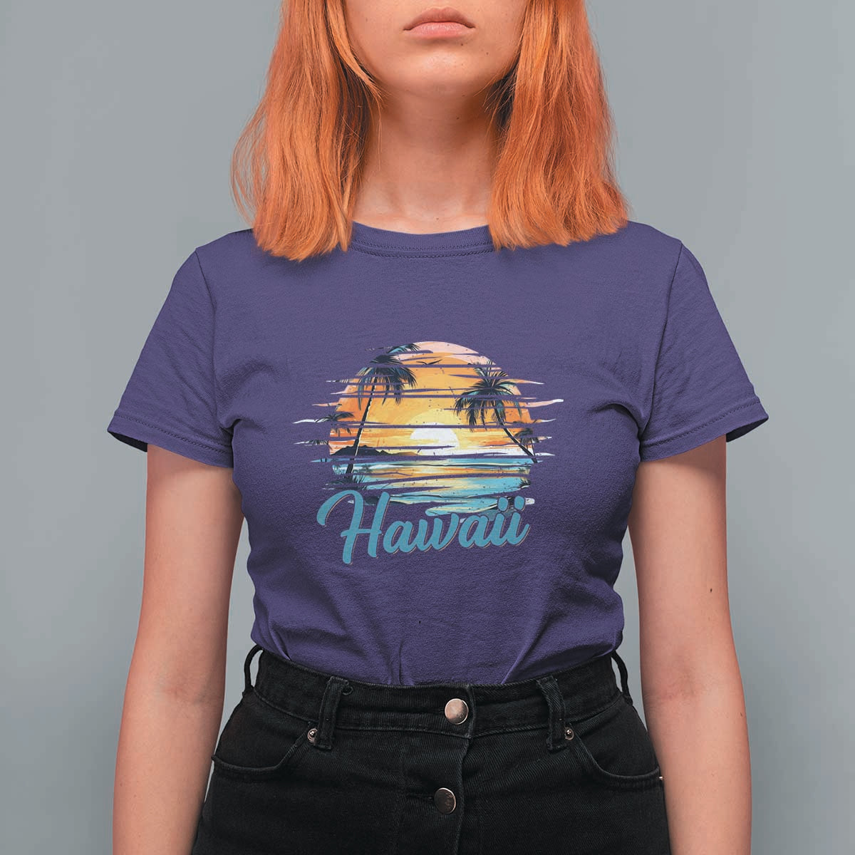 Retro Sunset Palm Tree Hawaii T Shirt For Women Tropical Vacation Graphic