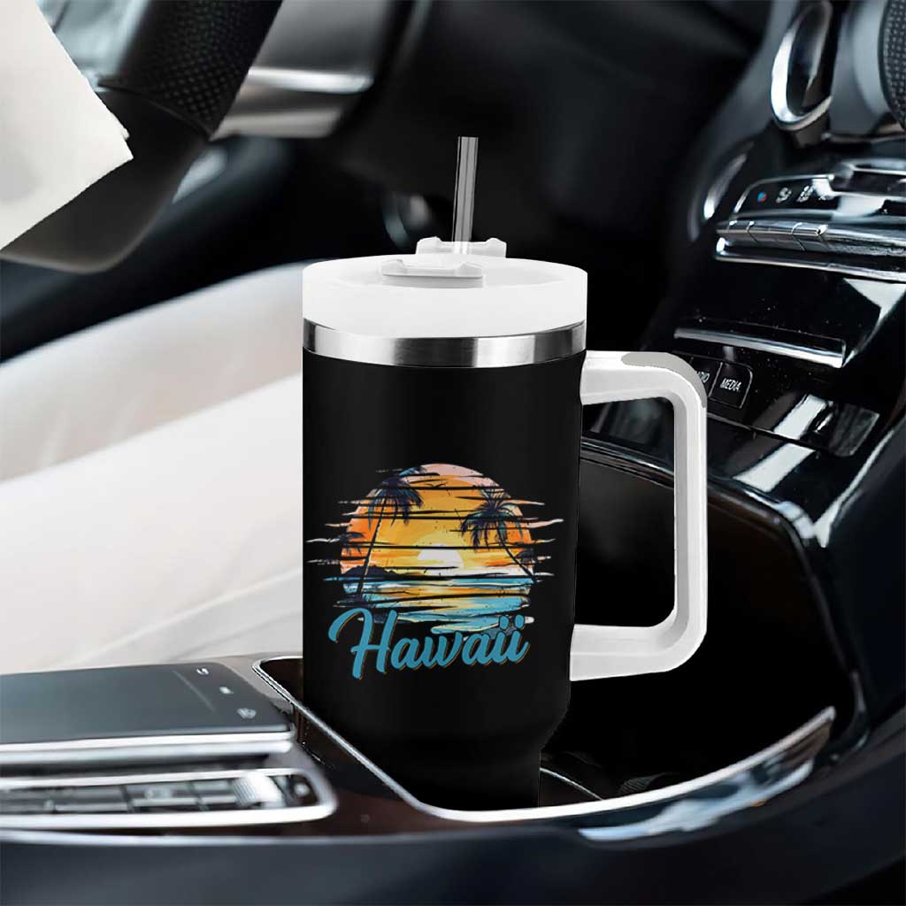 Retro Sunset Palm Tree Hawaii Tumbler With Handle Tropical Vacation Graphic