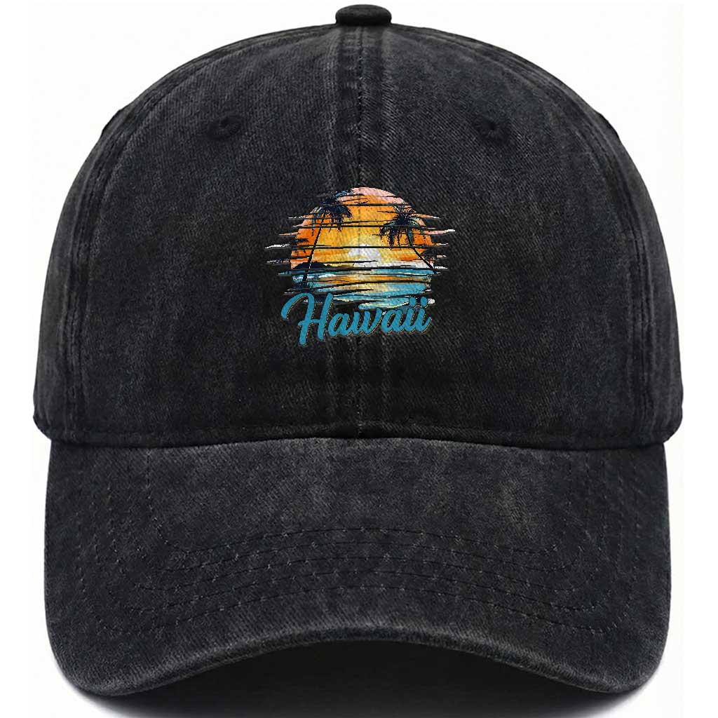 Retro Sunset Palm Tree Hawaii Washed Cotton Baseball Cap Tropical Vacation Graphic