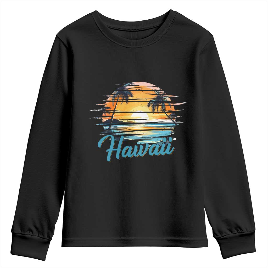 Retro Sunset Palm Tree Hawaii Youth Sweatshirt Tropical Vacation Graphic