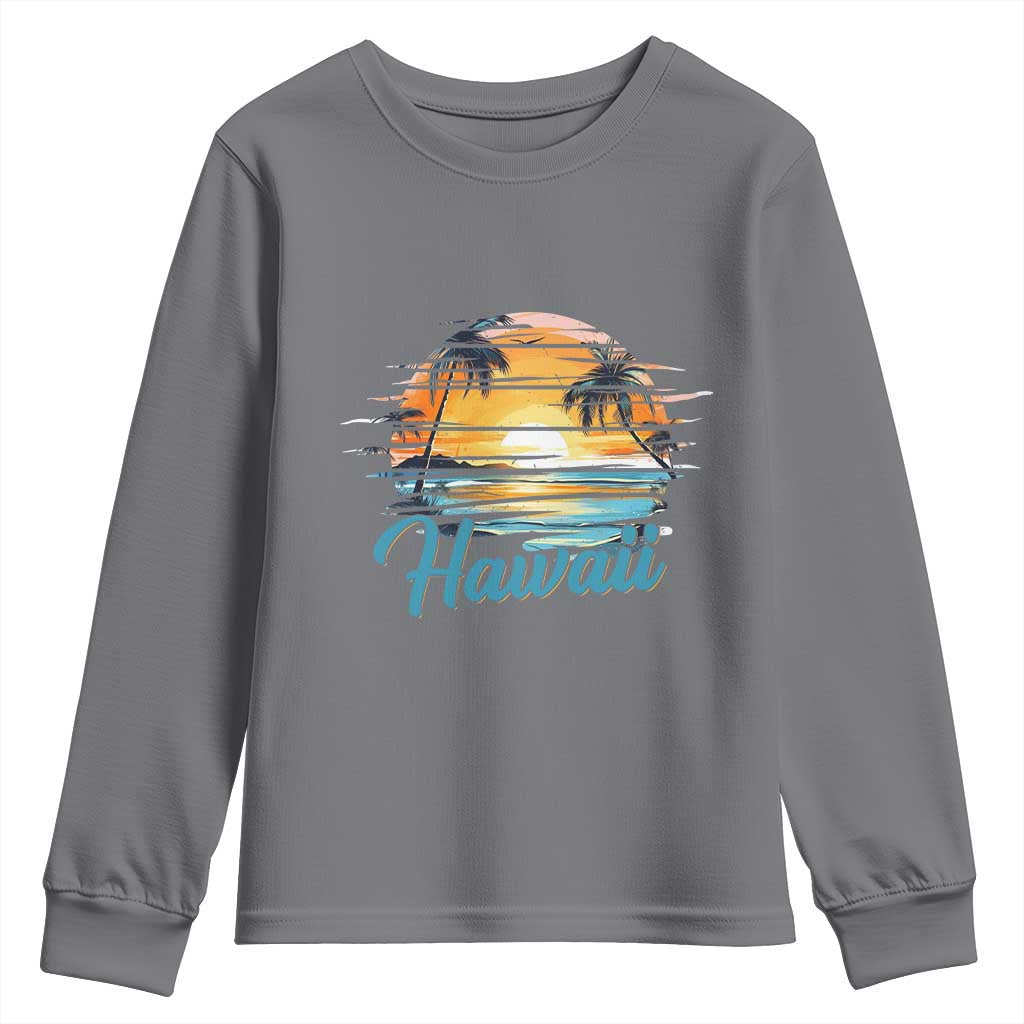 Retro Sunset Palm Tree Hawaii Youth Sweatshirt Tropical Vacation Graphic