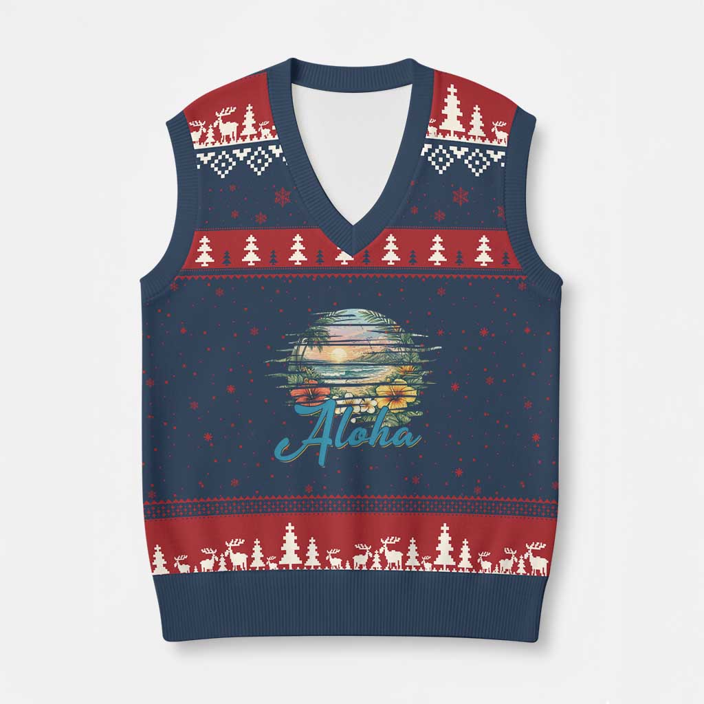Vintage Hawaii Hibiscus Floral V-Neck Knit Sweater Vest Tropical Beach Vacation Graphic