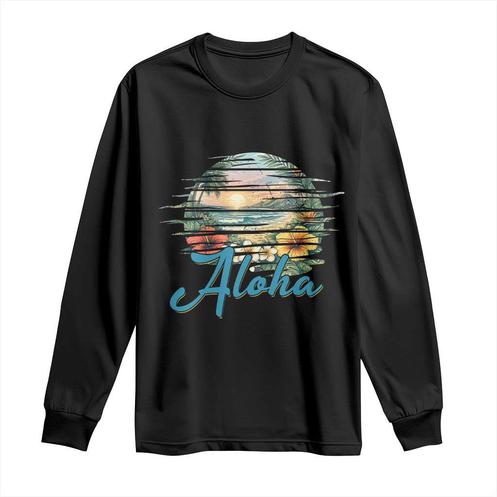 Vintage Hawaii Hibiscus Floral Long Sleeve Shirt Tropical Beach Vacation Graphic