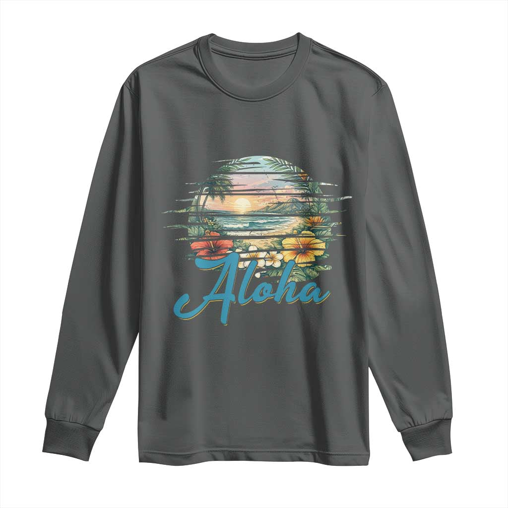 Vintage Hawaii Hibiscus Floral Long Sleeve Shirt Tropical Beach Vacation Graphic