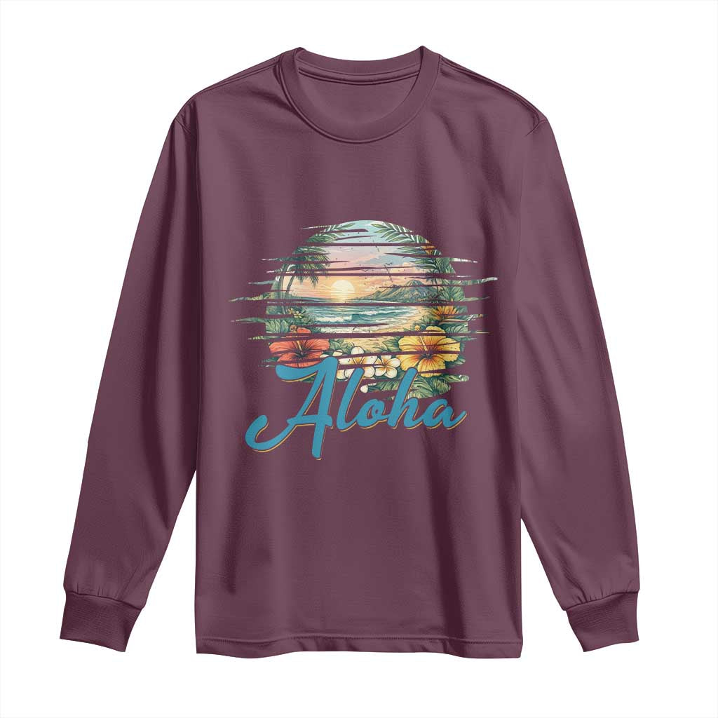 Vintage Hawaii Hibiscus Floral Long Sleeve Shirt Tropical Beach Vacation Graphic
