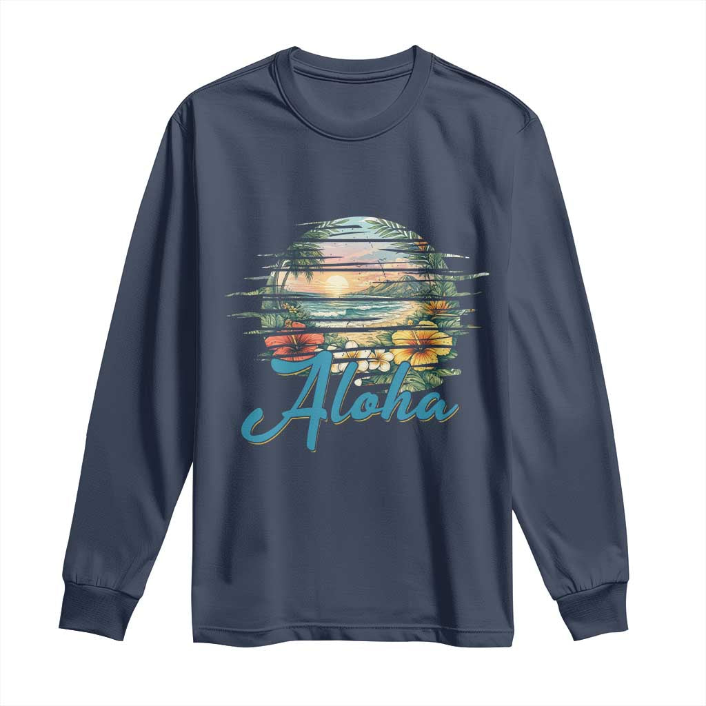 Vintage Hawaii Hibiscus Floral Long Sleeve Shirt Tropical Beach Vacation Graphic
