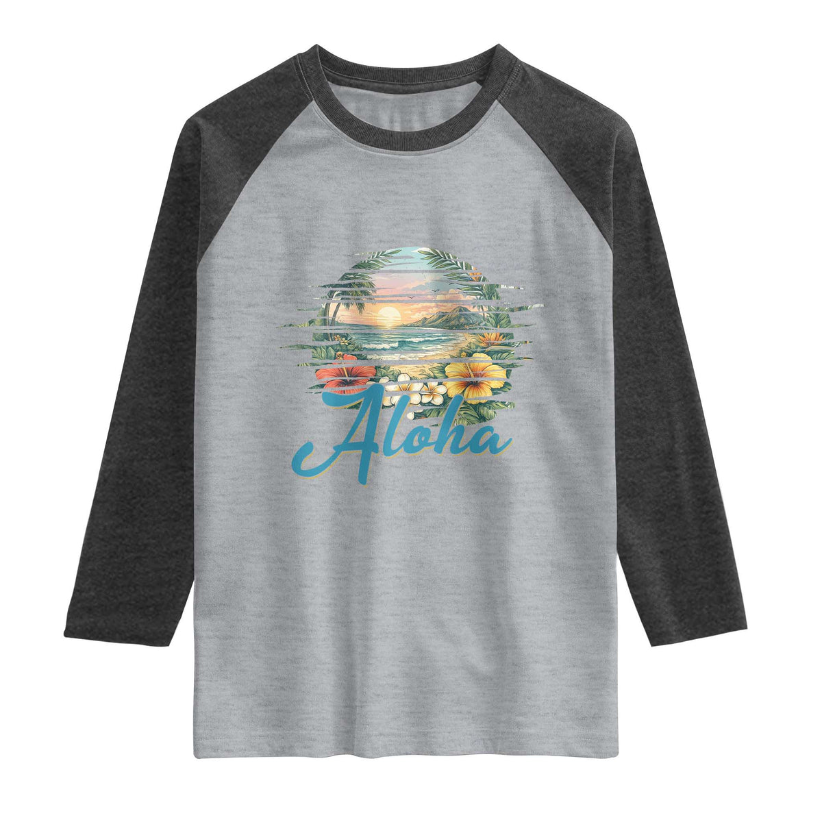 Vintage Hawaii Hibiscus Floral Raglan Shirt Tropical Beach Vacation Graphic