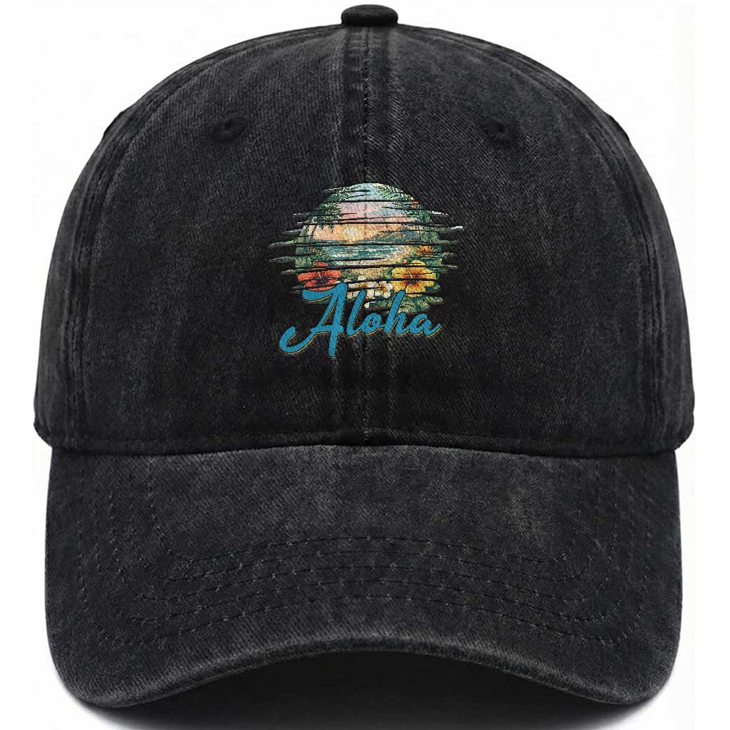 Vintage Hawaii Hibiscus Floral Washed Cotton Baseball Cap Tropical Beach Vacation Graphic