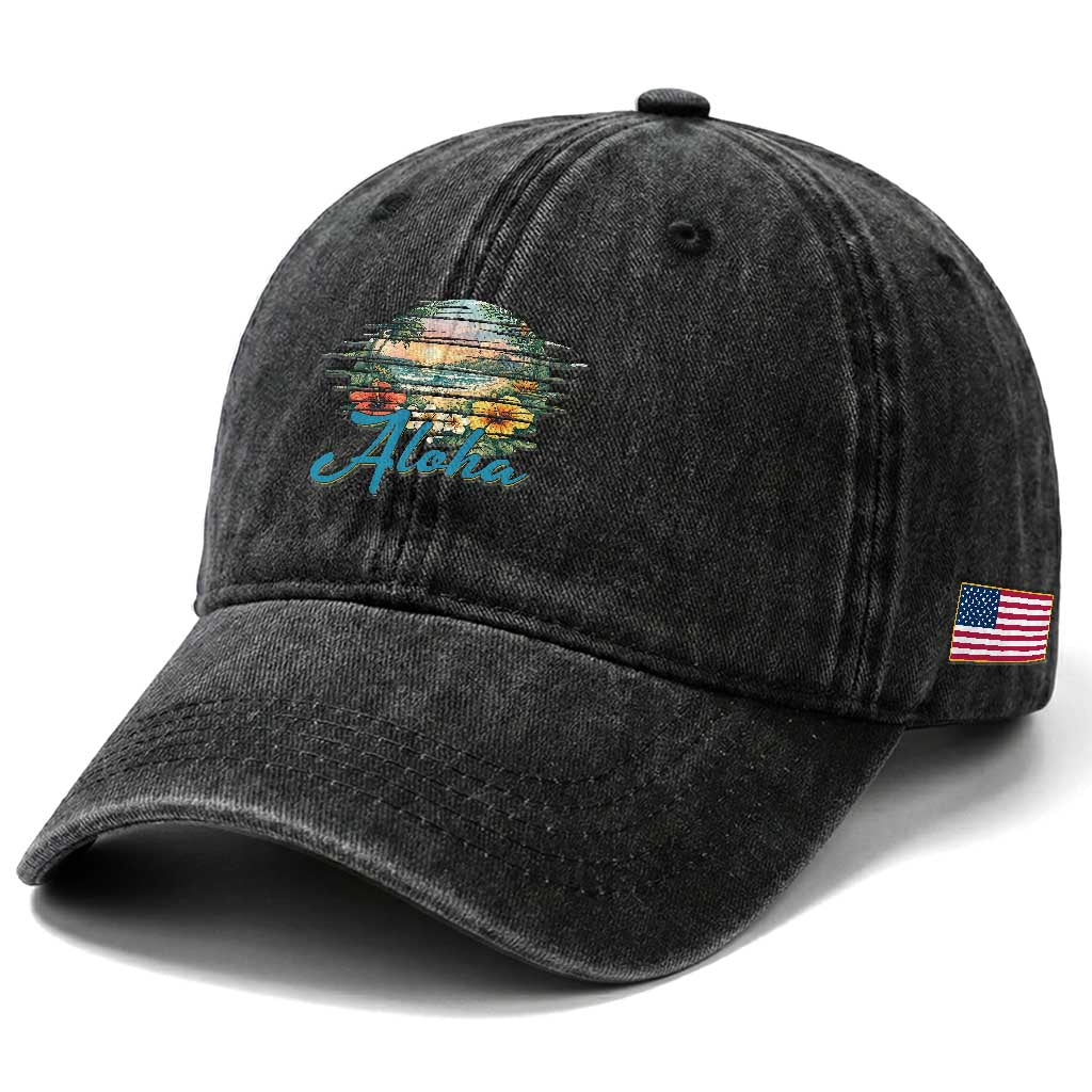 Vintage Hawaii Hibiscus Floral Washed Cotton Baseball Cap Tropical Beach Vacation Graphic