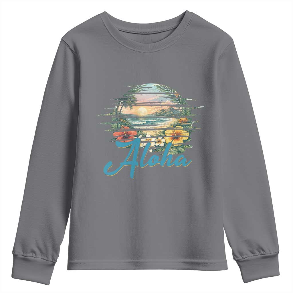 Vintage Hawaii Hibiscus Floral Youth Sweatshirt Tropical Beach Vacation Graphic