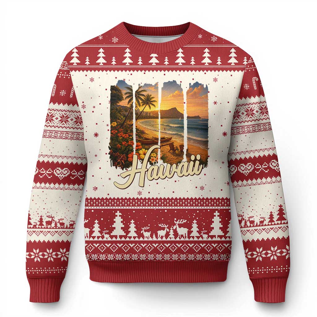 Vintage Hawaii Beach Travel Ugly Christmas Sweater Sunset Ocean Landscape