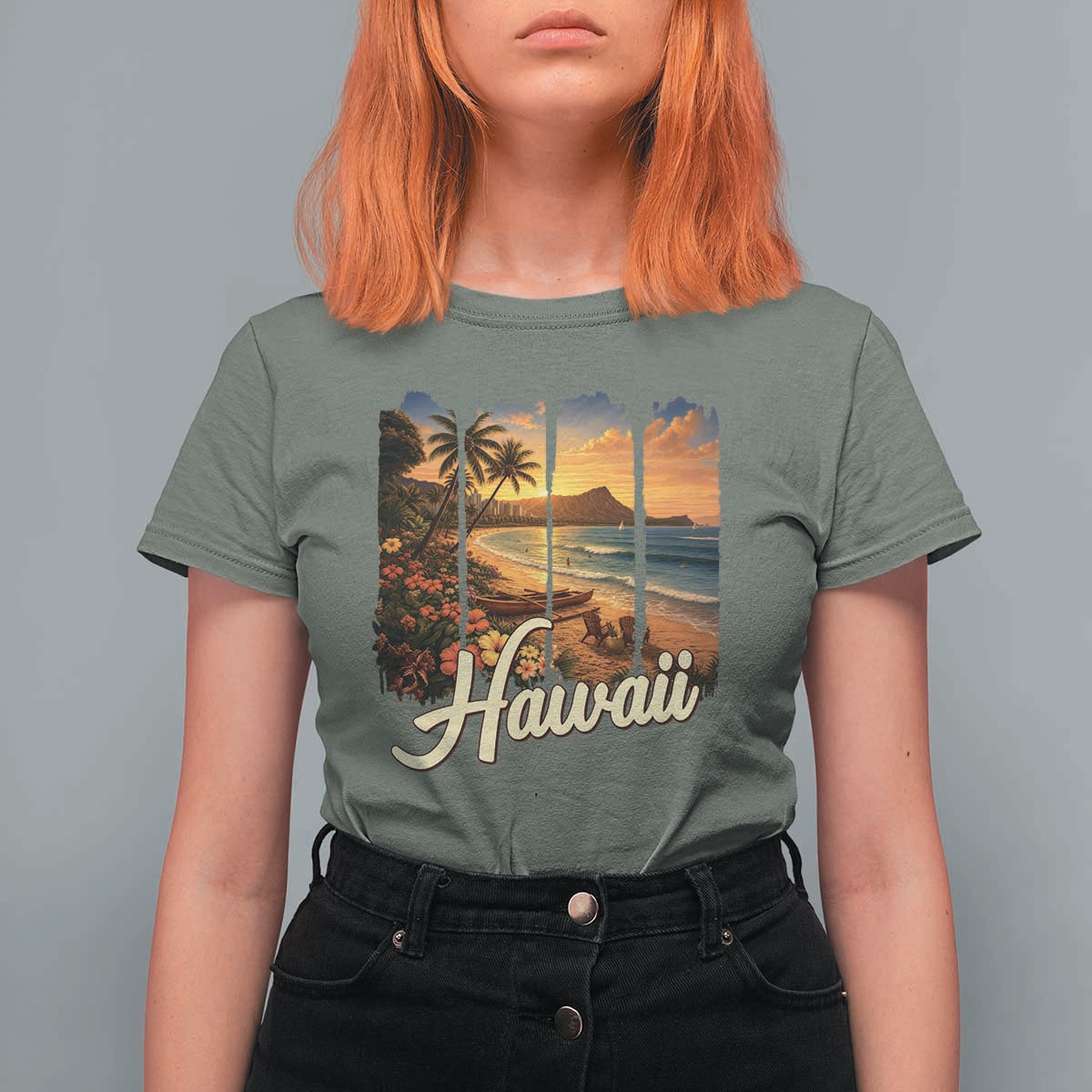 Vintage Hawaii Beach Travel T Shirt For Women Sunset Ocean Landscape