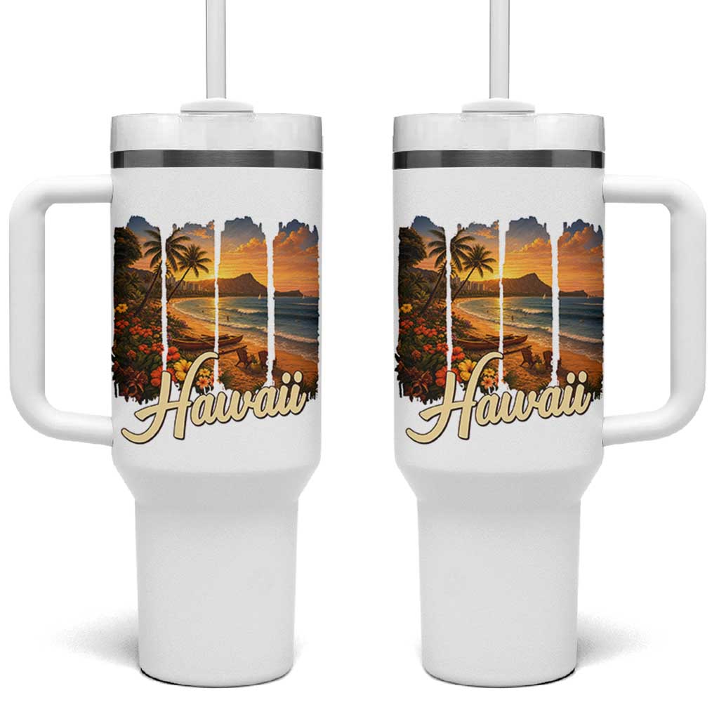 Vintage Hawaii Beach Travel Tumbler With Handle Sunset Ocean Landscape