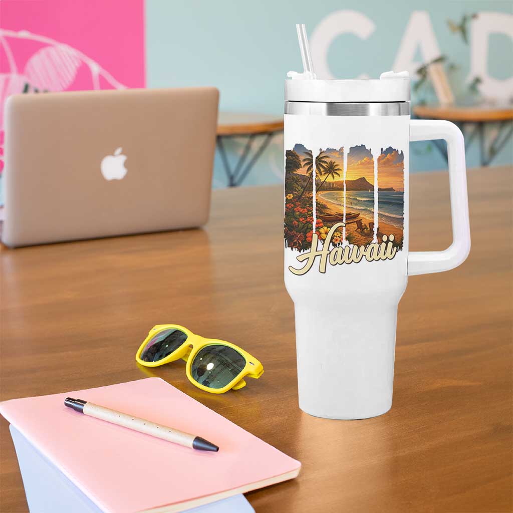 Vintage Hawaii Beach Travel Tumbler With Handle Sunset Ocean Landscape