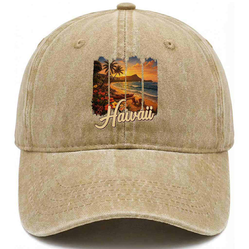 Vintage Hawaii Beach Travel Washed Cotton Baseball Cap Sunset Ocean Landscape