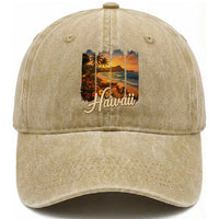 Vintage Hawaii Beach Travel Washed Cotton Baseball Cap Sunset Ocean Landscape