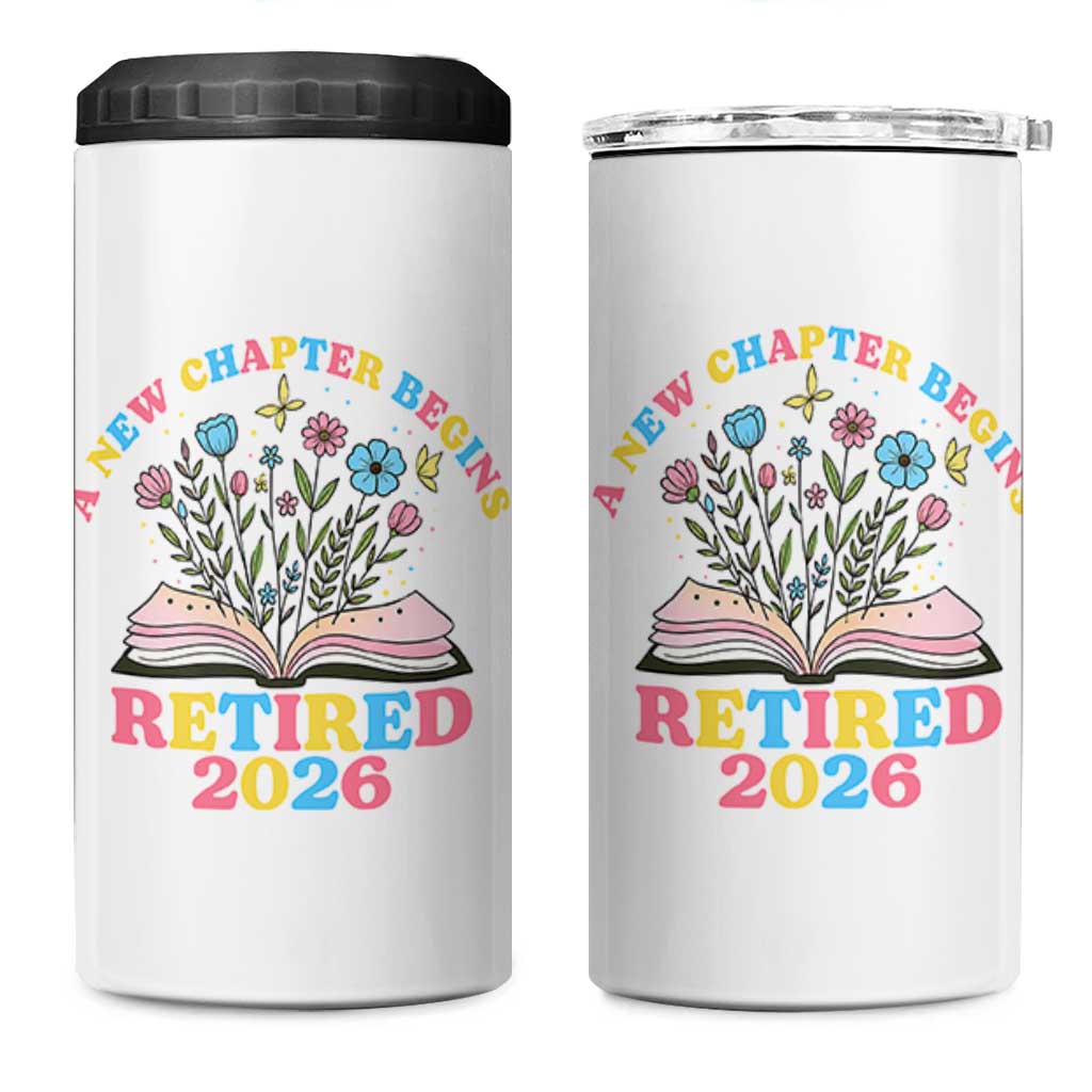 Women Retirement Life 4 in 1 Can Cooler Tumbler Retired 2026 A New Chapter Begins Floral Book