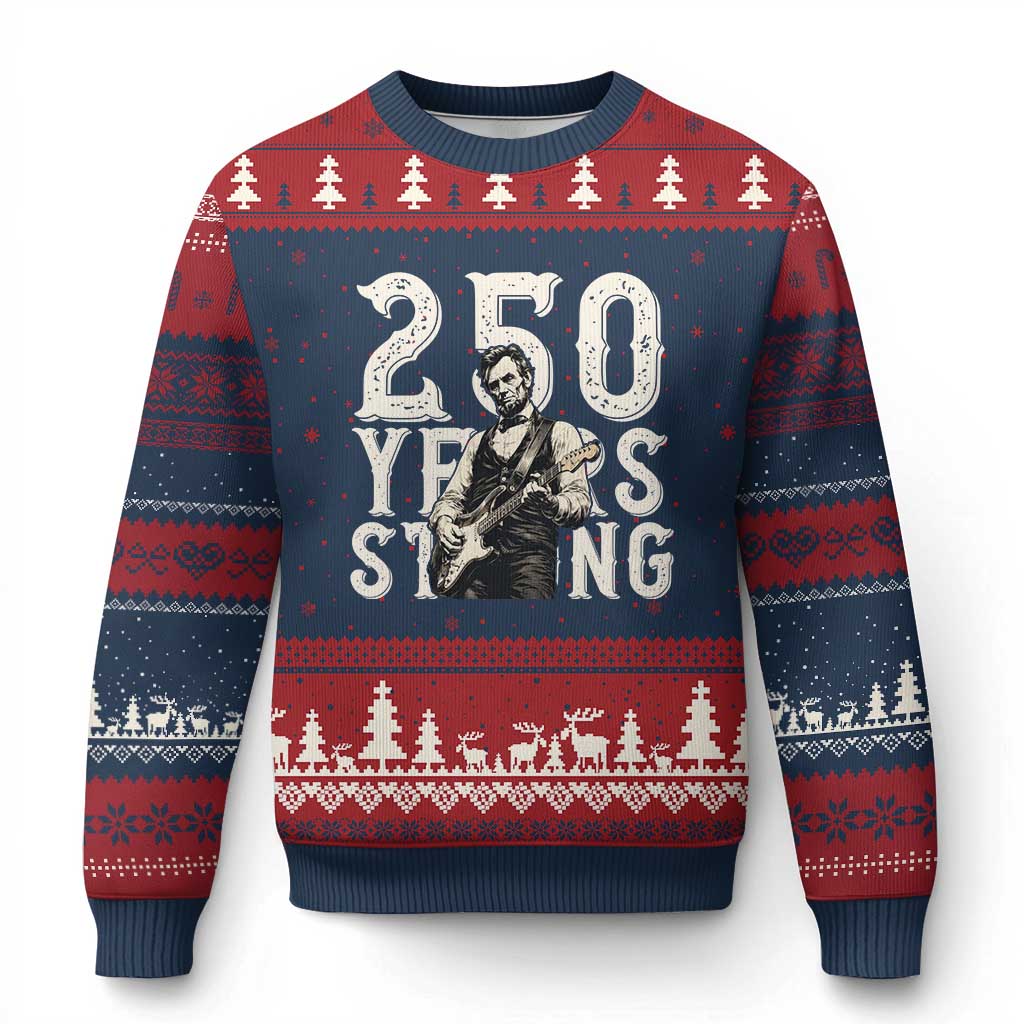 Vintage Abraham Lincoln Playing Guitar Ugly Christmas Sweater 250 Years Strong