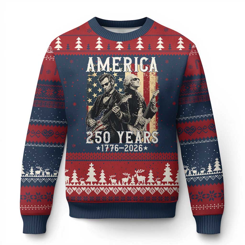 George Washington Abe Lincoln Playing Guitar Ugly Christmas Sweater USA 250th Anniversary Guitarist Graphic