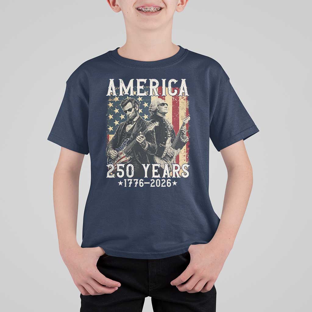 George Washington Abe Lincoln Playing Guitar T Shirt For Kid USA 250th Anniversary Guitarist Graphic