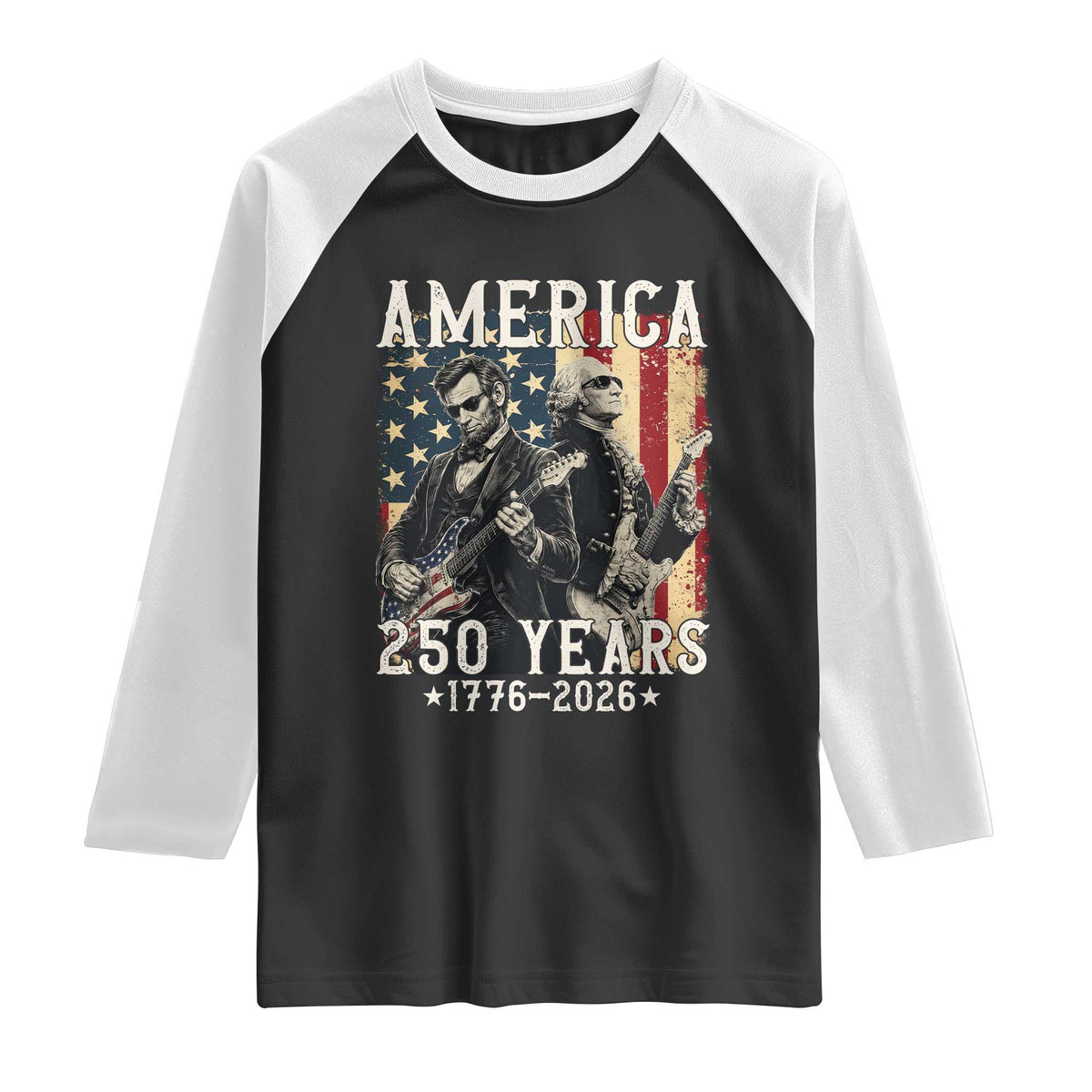 George Washington Abe Lincoln Playing Guitar Raglan Shirt USA 250th Anniversary Guitarist Graphic