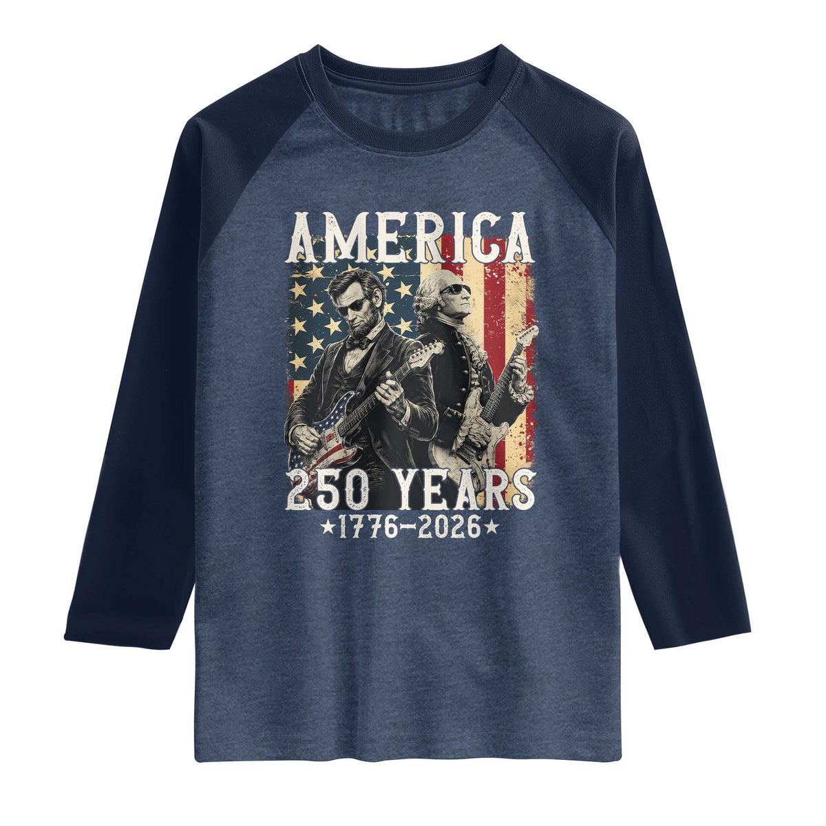 George Washington Abe Lincoln Playing Guitar Raglan Shirt USA 250th Anniversary Guitarist Graphic