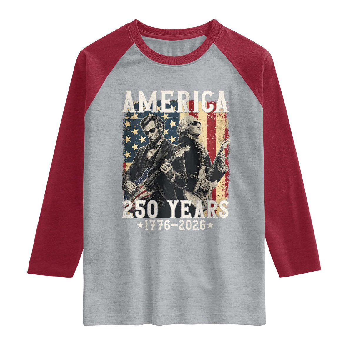 George Washington Abe Lincoln Playing Guitar Raglan Shirt USA 250th Anniversary Guitarist Graphic