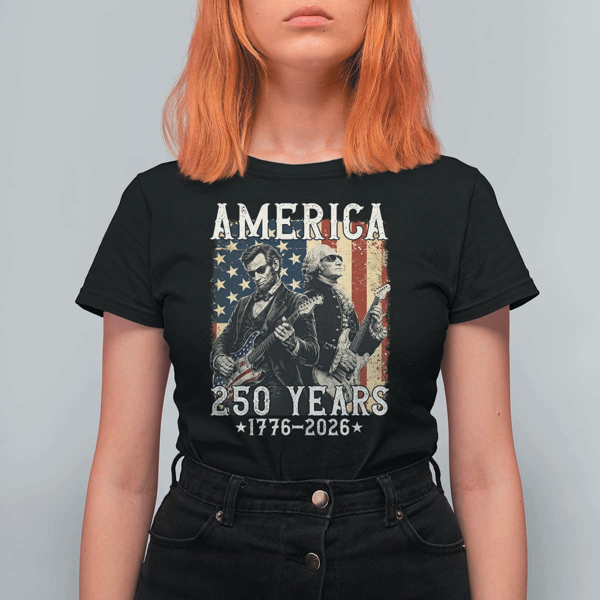 George Washington Abe Lincoln Playing Guitar T Shirt For Women USA 250th Anniversary Guitarist Graphic