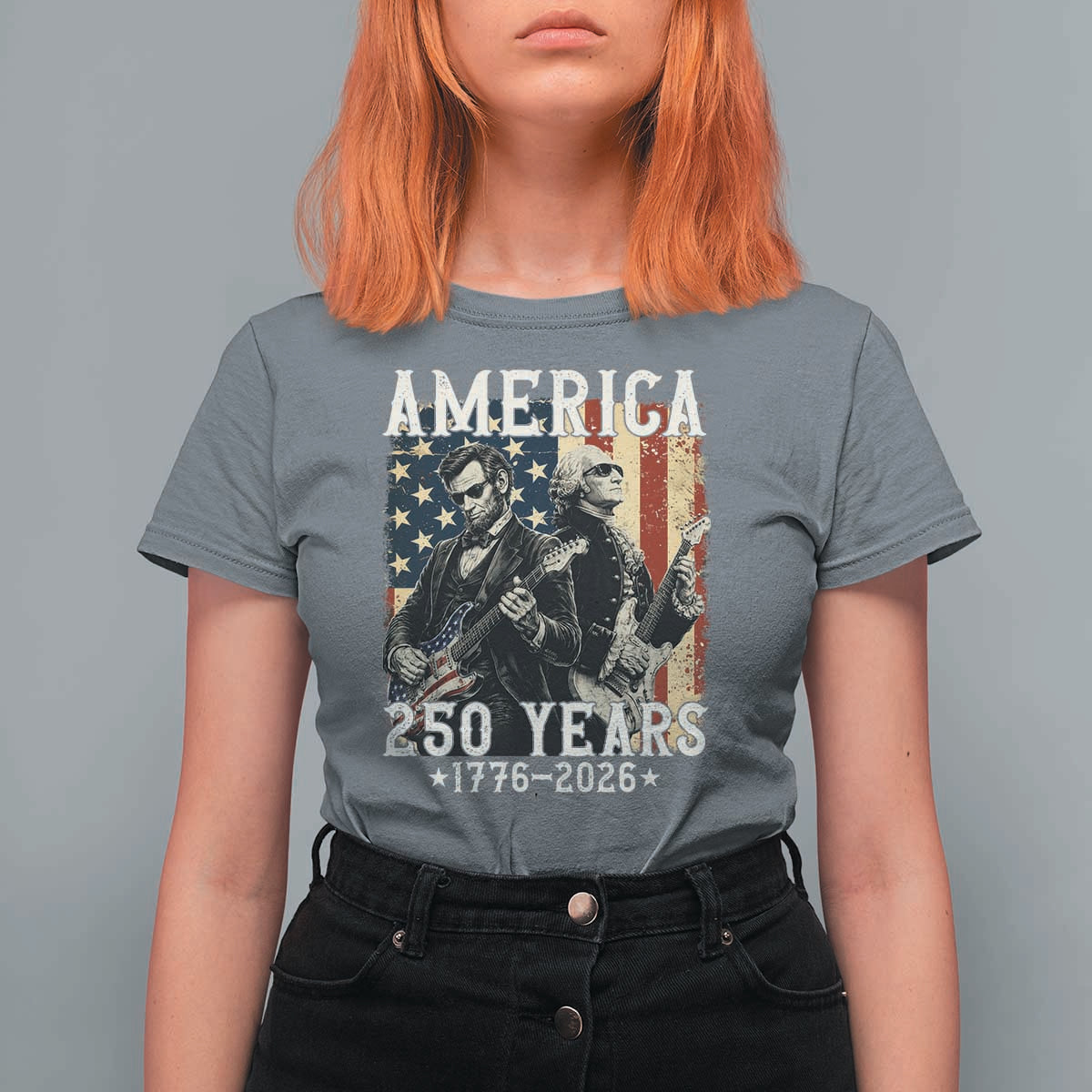 George Washington Abe Lincoln Playing Guitar T Shirt For Women USA 250th Anniversary Guitarist Graphic