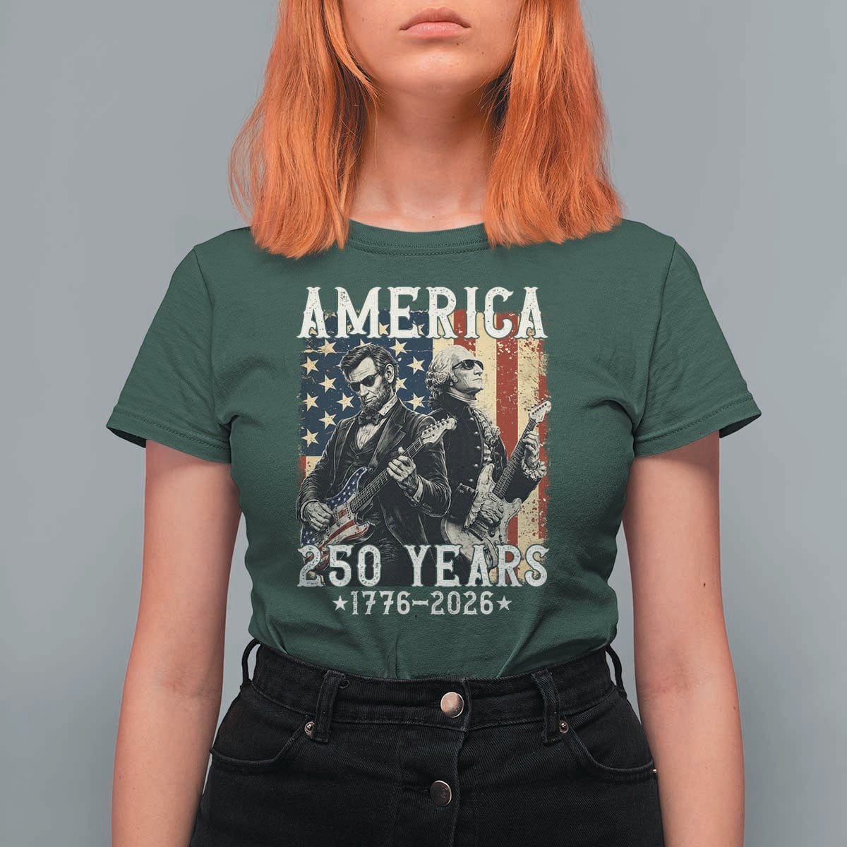 George Washington Abe Lincoln Playing Guitar T Shirt For Women USA 250th Anniversary Guitarist Graphic