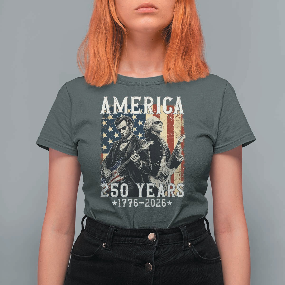 George Washington Abe Lincoln Playing Guitar T Shirt For Women USA 250th Anniversary Guitarist Graphic