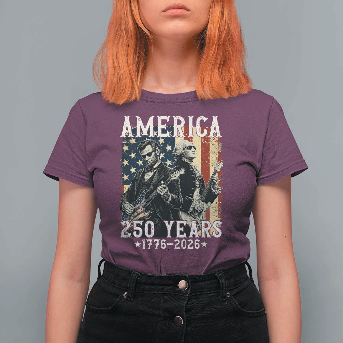 George Washington Abe Lincoln Playing Guitar T Shirt For Women USA 250th Anniversary Guitarist Graphic