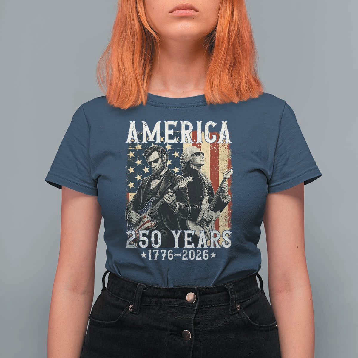 George Washington Abe Lincoln Playing Guitar T Shirt For Women USA 250th Anniversary Guitarist Graphic